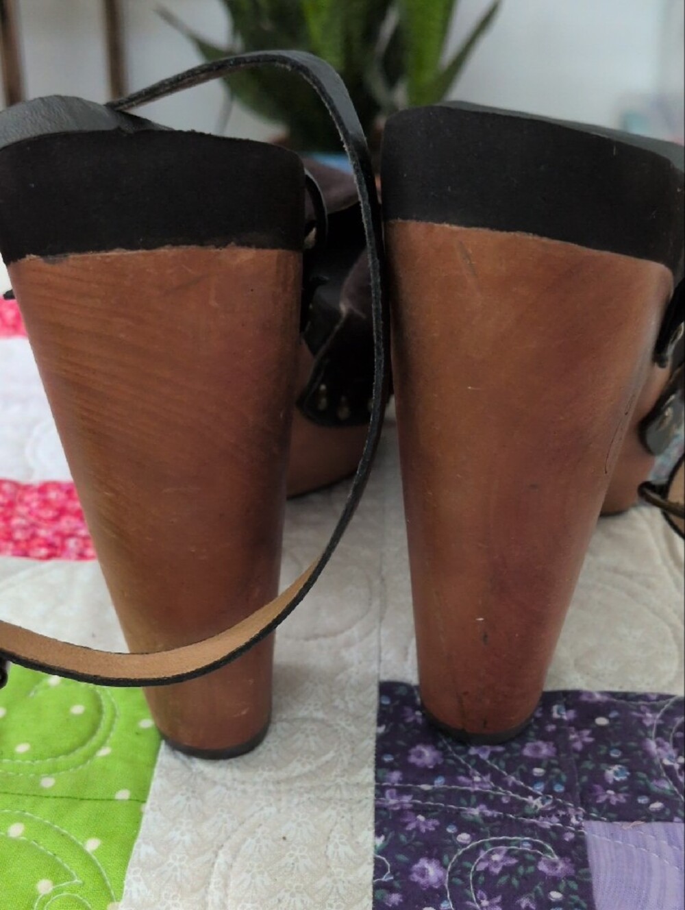 Studded Black Suede Platform Clogs with Tan Wood Heel - Picture 3 of 7
